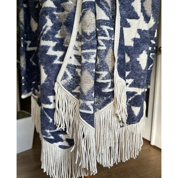 Lucky Brand Aztec Fringe Cardigan Sweater Jacket Open Front Blue Beige L - Picture 5 of 10